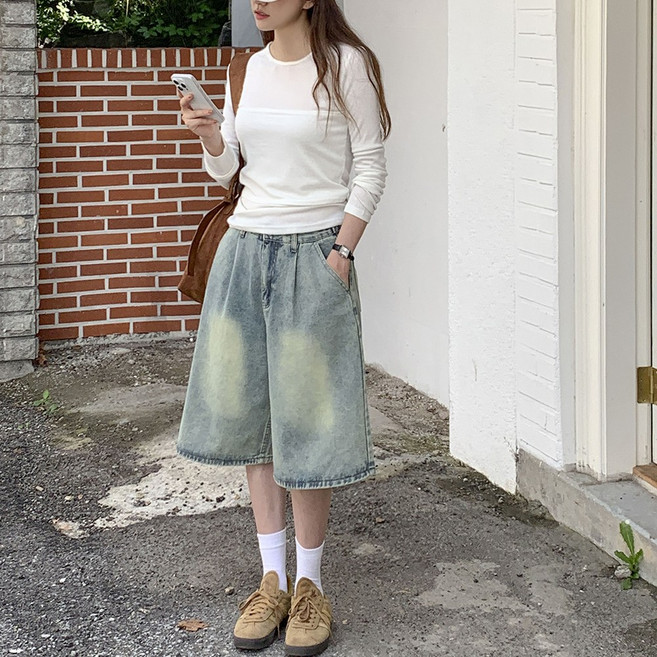 큐니티 남녀공용 와이드 데님 버뮤다 팬츠 5부 청반바지 빅사이즈 연청 중청