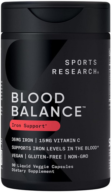 SPORTS RESEARCH 血液平衡鐵 36mg 維他命C 15mg 支持液態素食膠囊, 藥丸/膠囊, 成人男女通用, 90錠, 1個