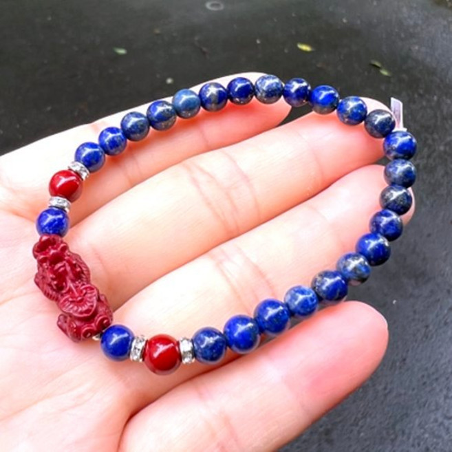 亮晶晶 青金石手鍊 硃砂貔貅 竹節形 招財 避邪擋煞 女生手圍, 1個, 白K色/女生手圍, 白K色