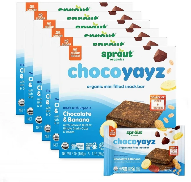 Sprout Organics PB & Yayz 유아용 스낵 바 땅콩 버터 및 바나나 개별 바 5개 각 28.9g(1.05온스) (6박스), 초콜릿 및 바나나 - 쿠팡