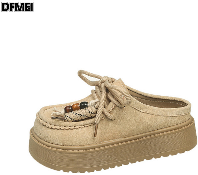 QRU 復古繫帶博肯鞋包頭半拖鞋女外穿秋季新款一腳蹬厚底休閒女鞋, 10 cm, 米杏色:40