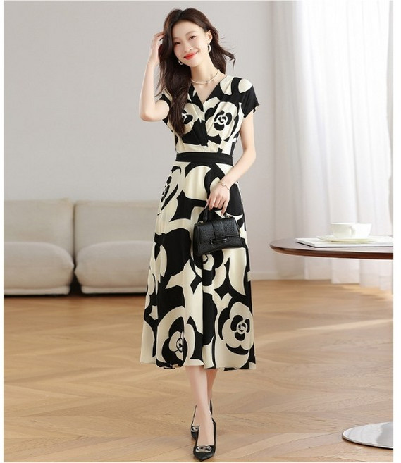 POMTOR고급 V넥 쉬폰 원피스 여성 여름 A라인 롱 스커트