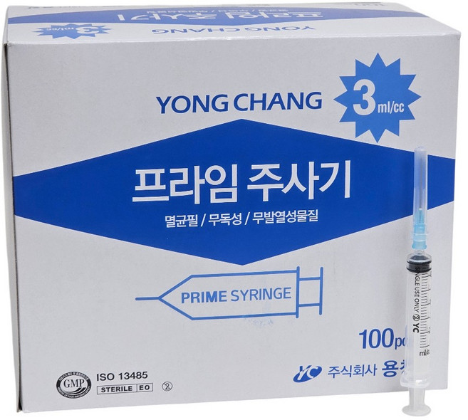 용창 3ml 23G 일회용주사기 100개입 멸균 주사기 병원용, 1박스