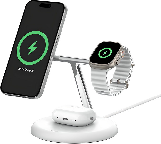 벨킨 부스트업 프로 Qi2 15W 3in1 마그네틱 무선 충전 스탠드 WIZ023kr, 화이트(WIZ023krWH), 1개