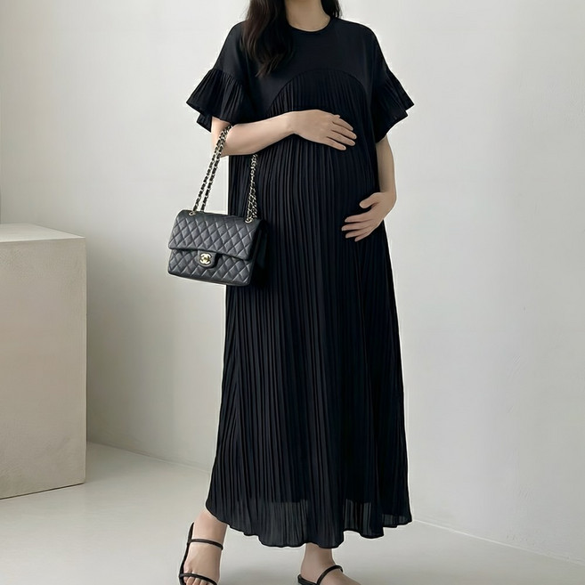 [당일출고] 수엠W 임산부 플리츠 롱원피스 반팔 하객룩 체형커버 주름 원피스 P18 플리츠원피스