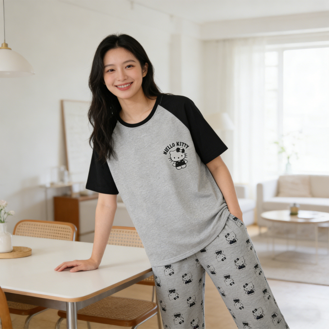Soolink 여름 반팔 잠옷 세트 캐주얼 여성 홈웨어 긴바지 귀여운 캐릭터