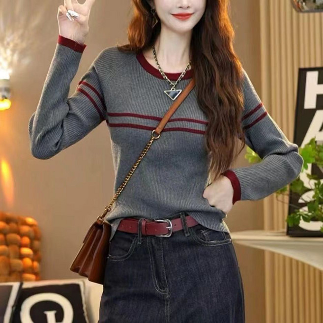 COSYEVNO 여성 봄가을 슬림핏 스트라이프 라운드넥 니트 스웨터 BCXbzzs-10