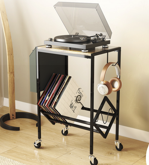 그루빅스 빈티지 2단 엘피판 수납장 턴테이블 선반 거치대 꽂이 협탁 이동식, 우드블랙