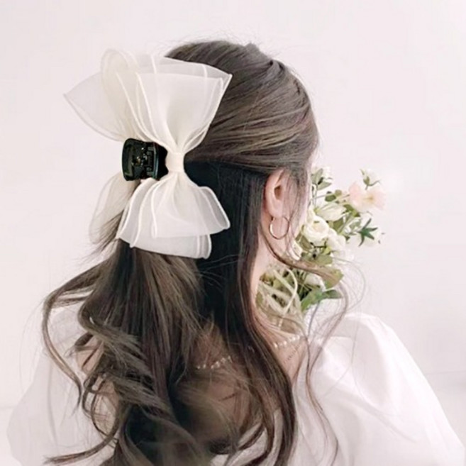 크림색 서효림 왕리본 집게핀 양면 쉬폰 올림머리핀 빅사이즈 바나나핀 왕리본핀 헤어집게핀 여성헤어집게핀