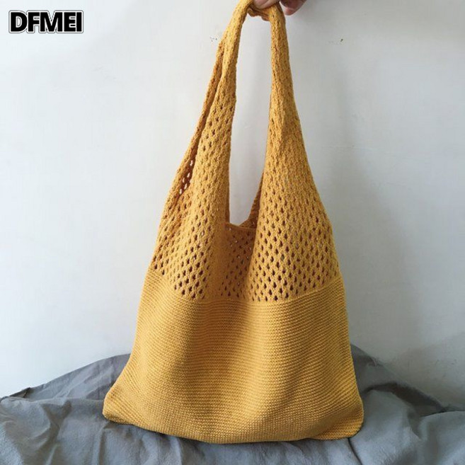 DFMEI 秋冬包包百搭編織斜挎針織純色手提包通勤大容量水桶包, 黃色