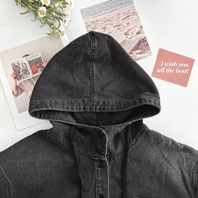 連帽水洗長版牛仔外套，連帽夾克，單寧外套，工裝外套，女外套，復古外套