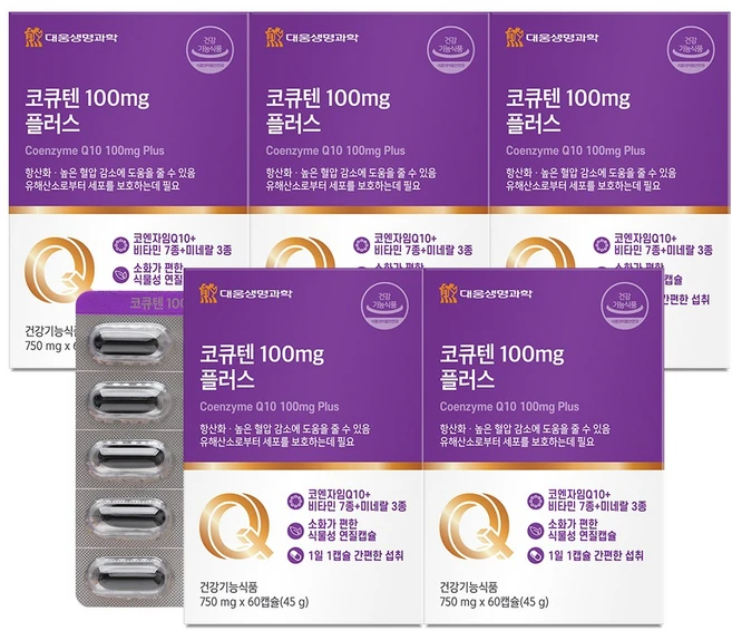 대웅생명과학 코큐텐 100mg 플러스 / 코엔자임Q10 혈압 항산화, 5박스, 60정 - 쿠팡