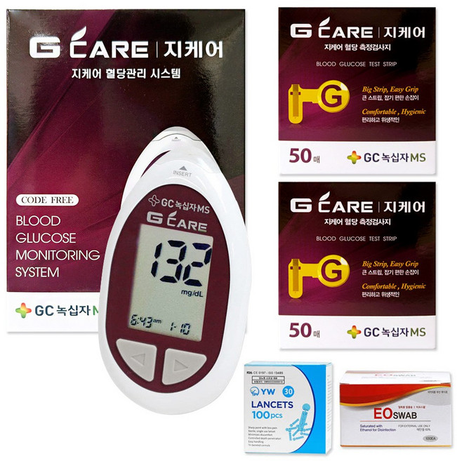 GC녹십자MS 지케어 혈당측정기 + 시험지 100p + 채혈침 100p + 알콜솜 100p 세트, 1세트