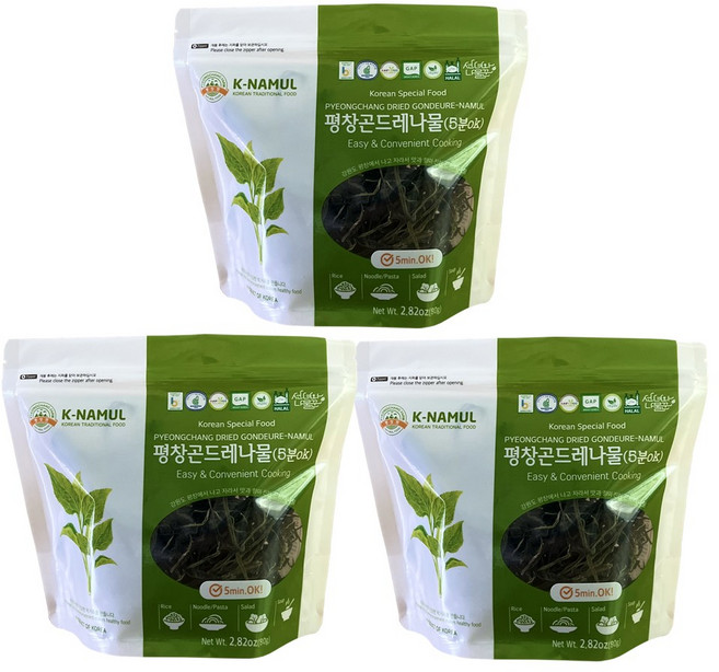 평창팜 / 삶지않고 불려서 사용하는 5분ok 평창곤드레나물 80g 3개 / GAP인증 / 비건인증 / 할랄인증, 곤드레나물 80g