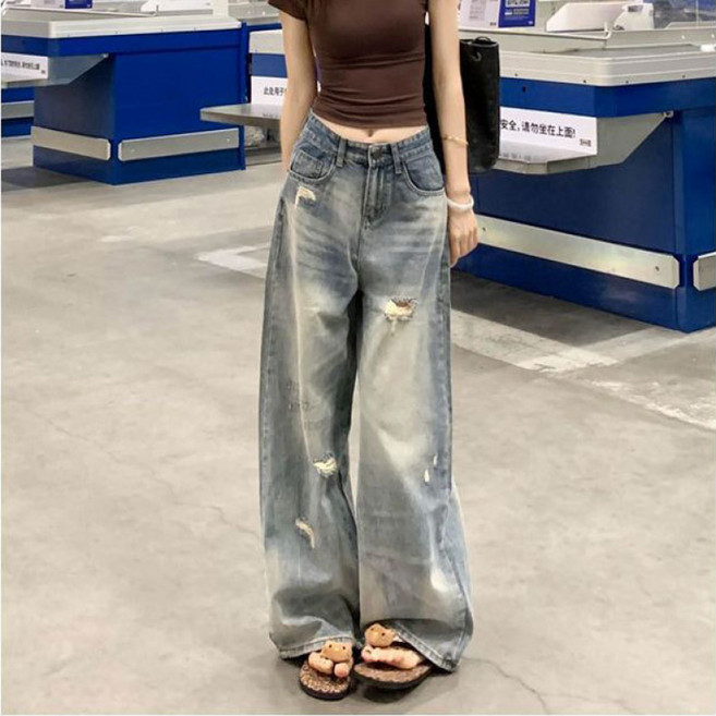 SAHINER 여성 데님 와이드 팬츠 찢어진 루즈핏 캐주얼 여름용 BPD12