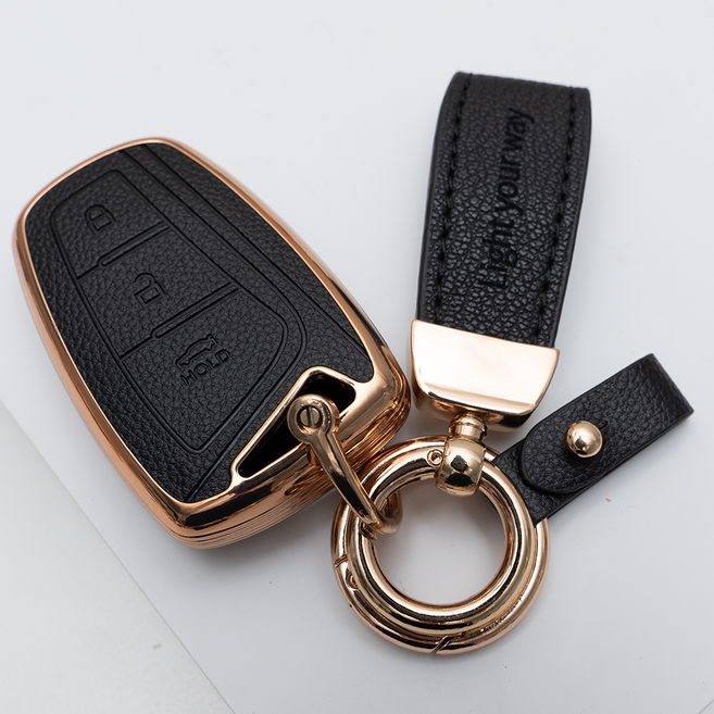양면각인 현대 호환 아슬란 에쿠스 산타페DM 더프라임 제네시스DH 맥스크루즈 리모컨 가죽 차키케이스 커버 스마트키 4버튼 키홀더 스트랩, TL06_KH17, 블랙골드