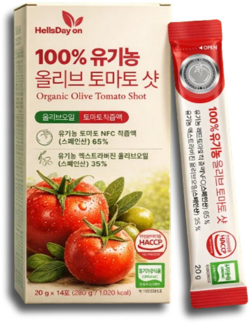 유기농 토마토즙 스틱 식약처 HACCP 인증 NFC 착즙 프리미엄 엑스트라버진 올리브오일 100%, 14개, 20g