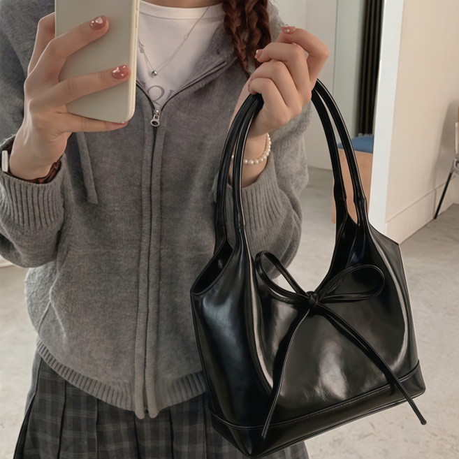 Novah 고급 리본 미니 가방 여성 데일리 숄더백 부드러운 가죽