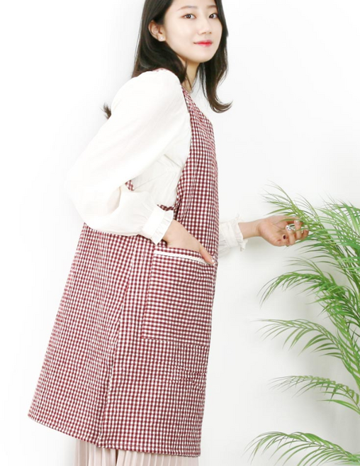 면 린넨 체크 앞치마 끈 단추 여름 워싱 예쁜 유치원 어린이집 원피스 선생님 보육교사 앞치마 린다스 에이프런샵, 1개, 단추타입 레드