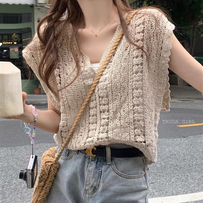 杜達女孩 盛夏甜美鈎花鏤空背心上衣 波西米亞海邊渡假風