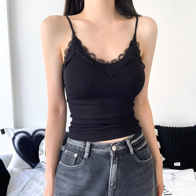 캡내장/페미닌/5col 모네 브이넥 레이스 골지 크롭 캡나시