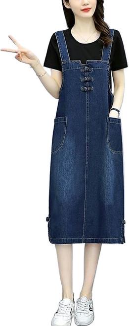 여성용 빅사이즈 데님 멜빵 스커트 봄 여름 가을 루즈핏 포켓 나시 원피스