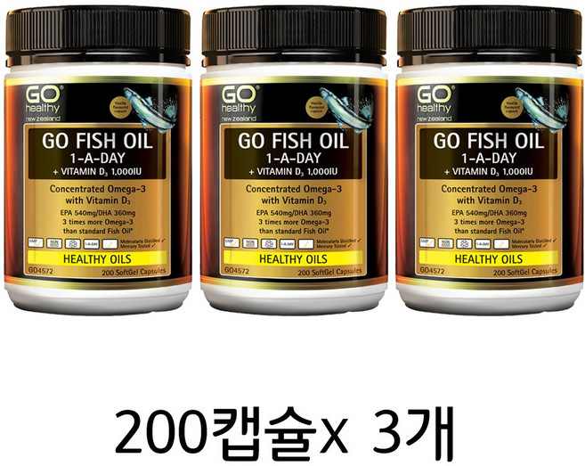 [고헬시] 고 피쉬오일 원어데이 + 비타민 D3 1000IU 200캡슐, 200정, 3개