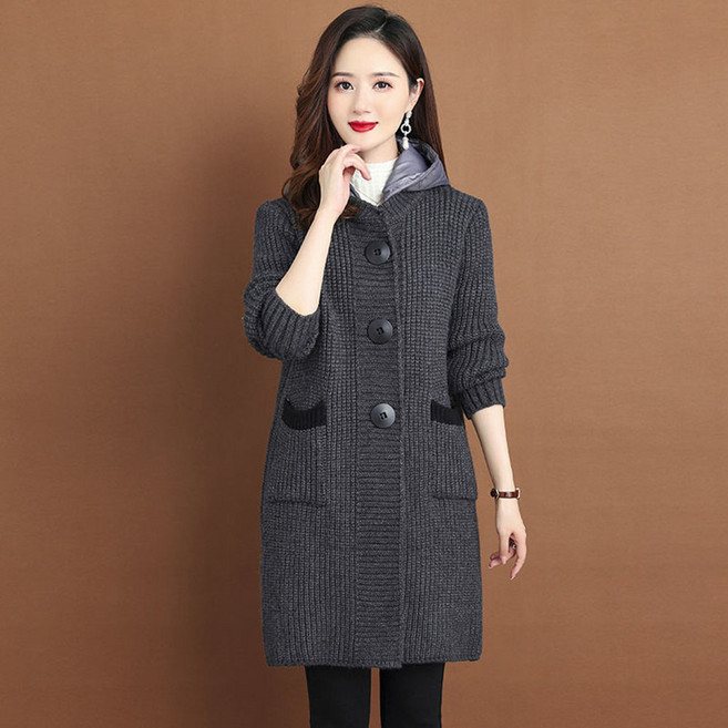 ROYALBELLE 여성 고급스러운 가을 후드형 롱 니트 카디건 여유핏 아우터 V102521