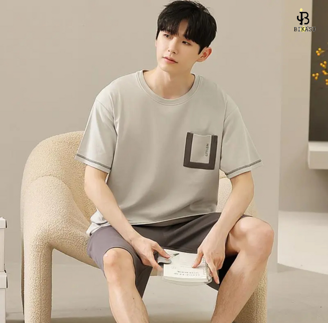 BIKASU 남성 여름 반팔 잠옷 세트 빅사이즈 순면 홈웨어 세트 소프트 상하의 세트