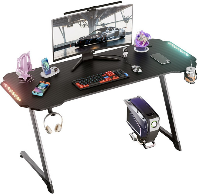 월로덴 게이밍 컴퓨터책상 RGB LED Z형 스틸 프레임 컵홀더 헤드셋거치대 포함, 블랙(140*60*75)