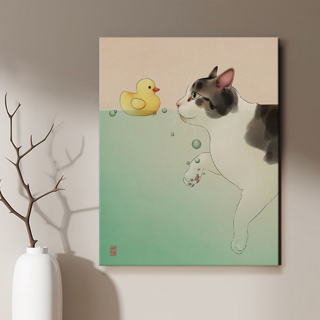 현대 민화 춘묘도 고양이 카페 거실 인테리어 캔버스 그림액자 9종 집들이 선물 고양이그림, 01.수중춘묘