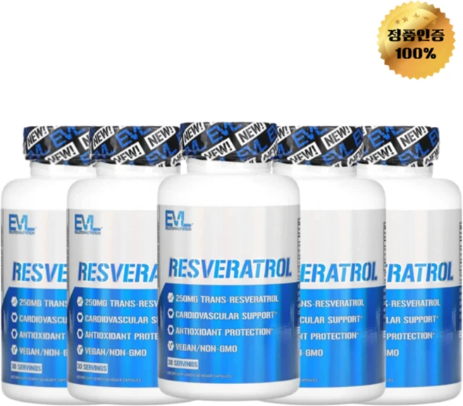 3+2 이블루션뉴트리션 레스베라트롤 250mg 베지 캡슐 60정, 5개 - 쿠팡