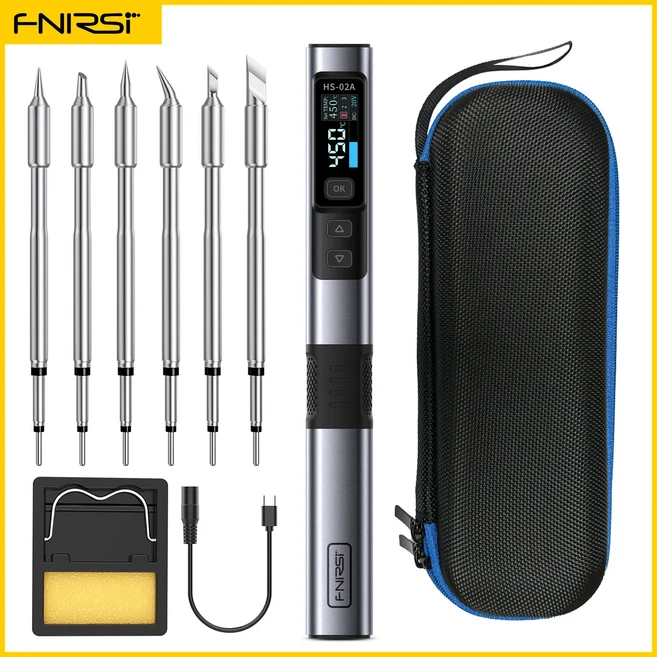 FNIRSI HS-02 스마트 전기 납땜 인두 PD 100W 조정 가능한 일정한 온도 빠른 열 휴대용 스테이션 키트, 01 EU Plug, 01 China Mainland, 13 HS-02A-6 Tips