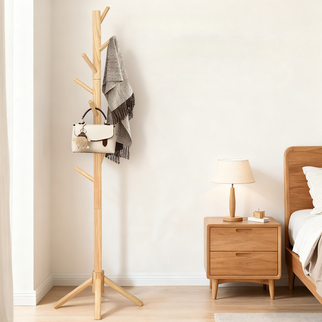 원목 옷걸이 다기능 이동식 스탠드 옷걸이 행거 수납 선반, 원목색