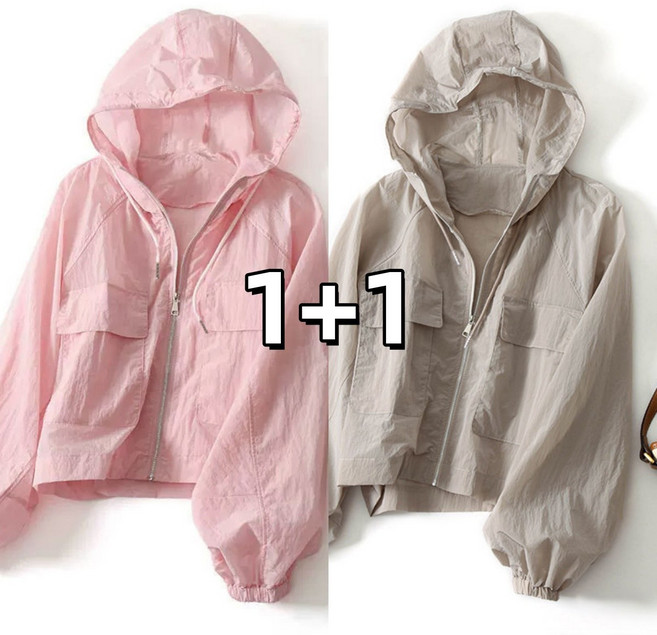 1+1 여성 초경량 후드 바람막이 자켓 여름 자외선 차단 바람막이 집업점퍼 아웃도어 얇은 데일리룩 빅사이즈 바람막이 2P