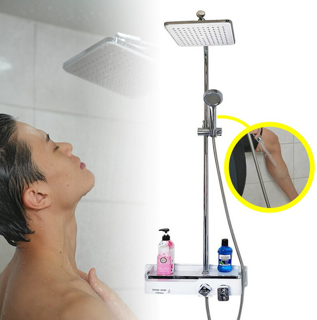 [라비앙] 국산 무타공 선반형 해바라기 샤워기(실속형)+욕실청소용 손헤드샤워기 추가 /화이트/블랙, 화이트(+손헤드샤워기), 1개