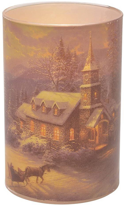 Mark Feldstein & Associates Thomas Kinkade 선데이 이브닝 썰매 라이드 채플 불꽃 없는 LED 유리 기둥 캔들 10.2 x 15.2cm(4 x, Mark Feldstein & Associates Th