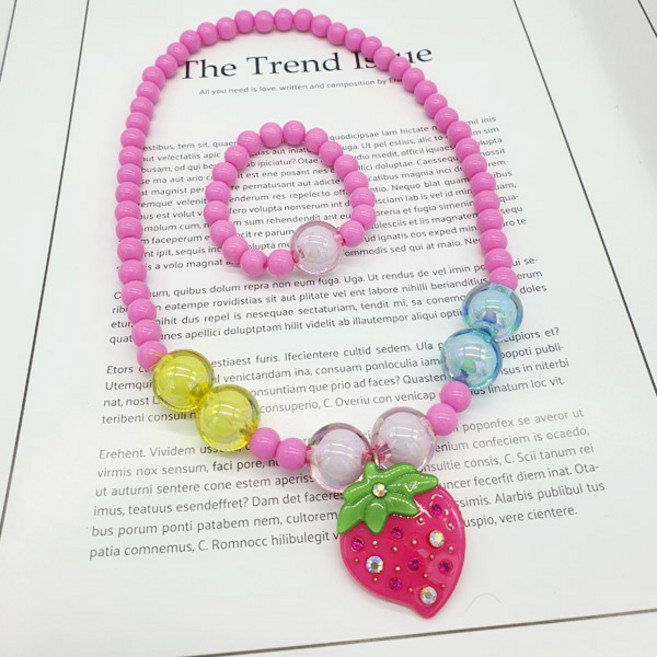 별나라공주 큐빅 셀룰로이드 비즈 목걸이 + 팔찌 세트 리본 딸기 악세사리