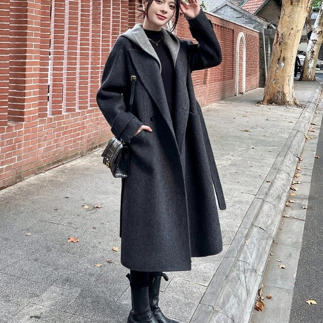 HAM 여성 가을 겨울 중장 길이 양모 코트 대형 칼라 버튼 장식 세련된 아우터