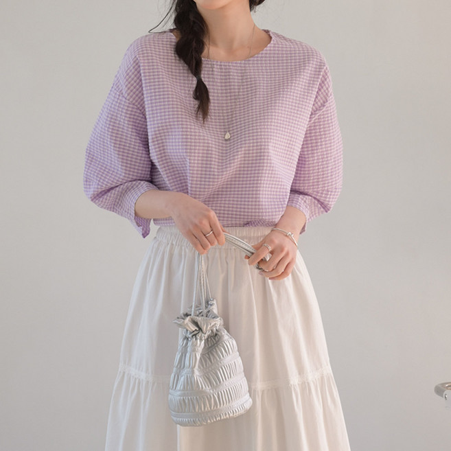 데일리앤 호시 봄 여름 데일리 7부 퍼프 벌룬소매 체크 블라우스 티셔츠 지지미원단