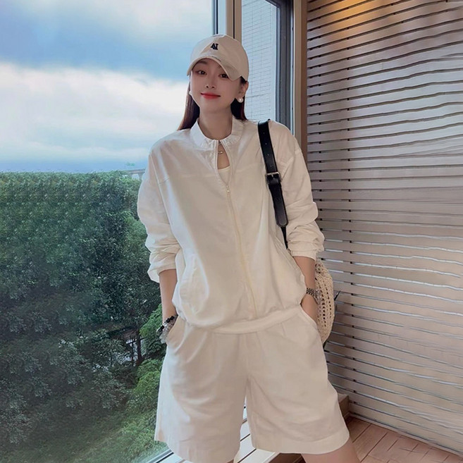 SELEAD 여성긴팔티셔츠+반바지셋업 린넨반바지셋업 UV 차단 코트 여름티셔츠 여름반바지 여자여름셋업 루즈핏
