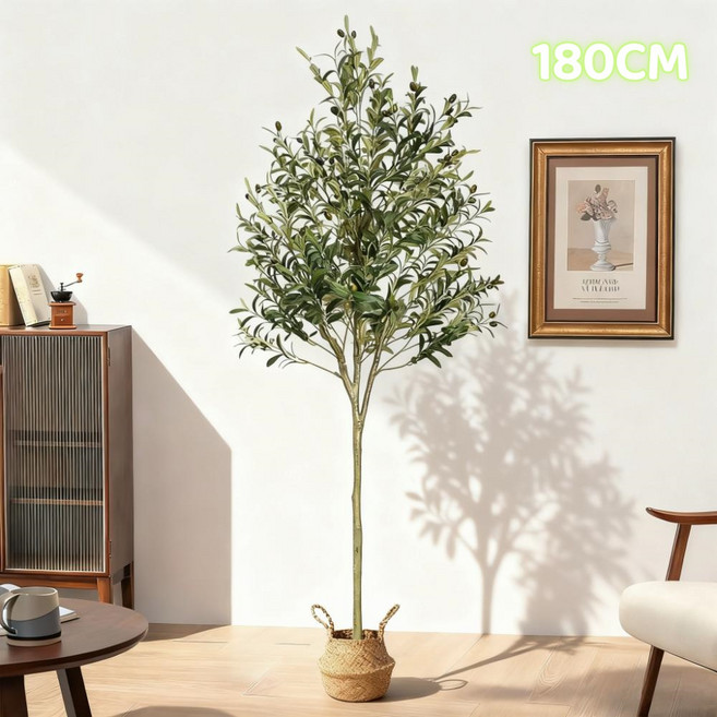 GAPINO 올리브나무 조화 화분 인테리어 조화나무 대형 인조나무 + 해초바구니 세트, 1개, 혼합색상