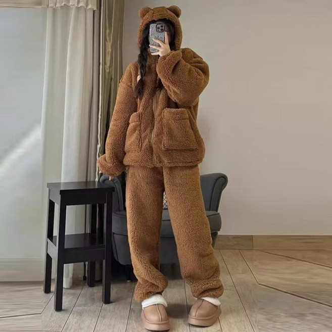 泰迪加絨加厚保暖睡衣套裝 海豚絨家居服 秋冬女款