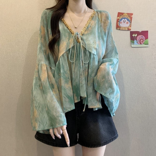여성용 봄 가을 보헤미안 스타일 쉬폰 블라우스 루즈핏 러플 디테일 긴팔 상의