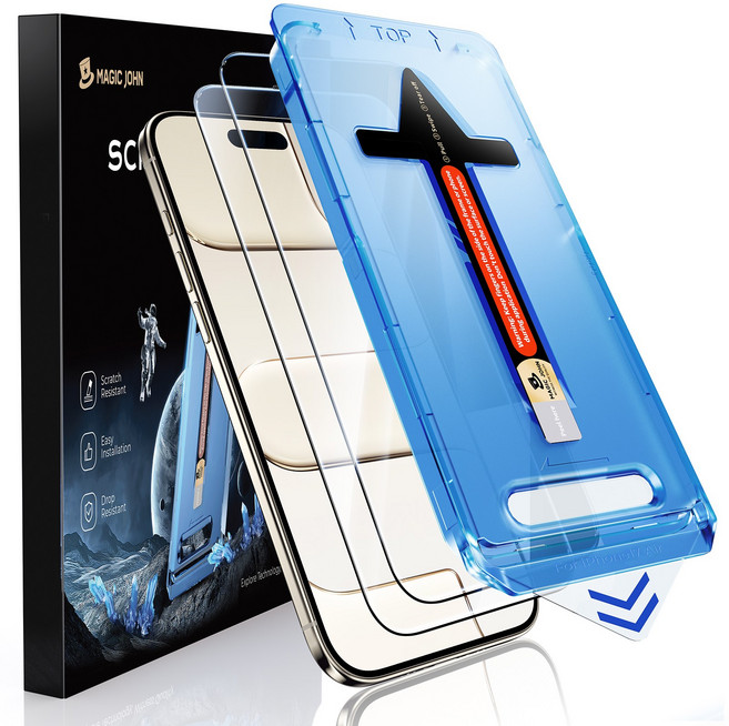 MAGIC JOHN 매직존 아이폰적용 고투명 고화질 휴대폰 액정보호필름 지문방지 먼지제거 풀커버+부착키트 2매입, 1세트