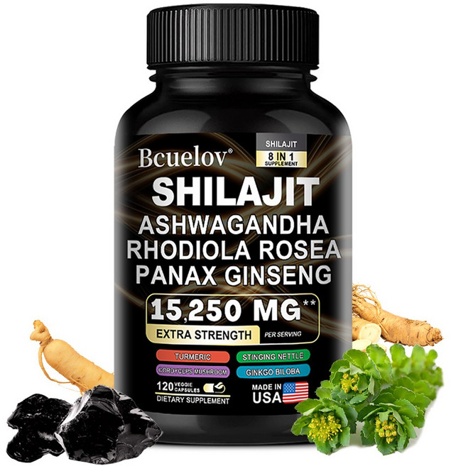 Shilajit 보충제 - Rhodiola Rosea Ashwagandha 인삼 은행나무 빌로바 함유 - 전반적인 건강 근력 집중력 향상 인지 기능 면역 건강 지원, 30캡슐, 1개, 30정