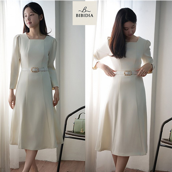 비비디아 여성용 롱원피스 스퀘어넥 벨트 하객룩 오피스룩 봄가을 단정한 정장 원피스 5538