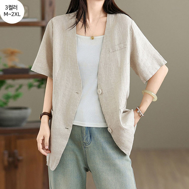 FANSYLI 여성용 여름 린넨 캐주얼 베이직 반팔 정장 자켓 포켓 오피스룩 면접복장 간절기 아우터 2603JLL6203