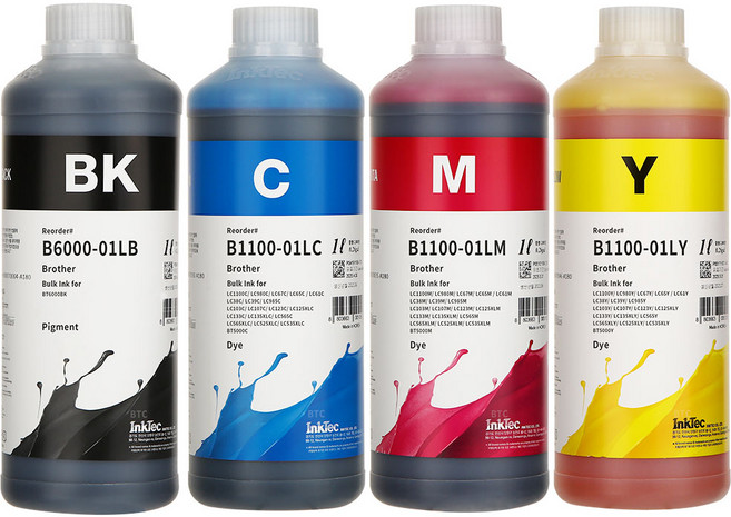 잉크테크 브라더 BTD100 BTD60 BT5000 DCP-T520W T720DW MFC-T800W T920DW 호환 무한 리필 잉크, 1세트, 4색(검정 안료 + 컬러 염료) 1L