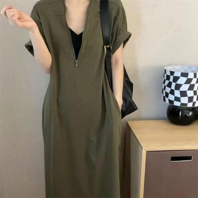 大碼復古赫本V領長款連衣裙女夏寬鬆顯瘦長裙, 軍綠色